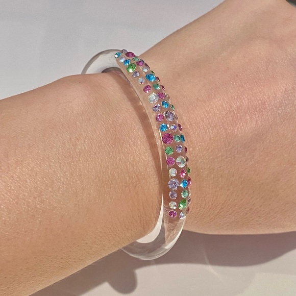 Transparent acrylic cuff bracelet with mixed Swarovski crystals rhinestones - Picture 7 of 11